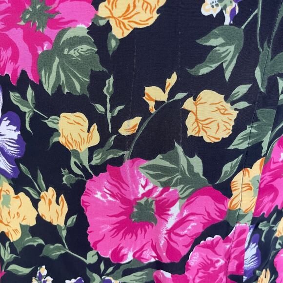 Vintage Midi Dress 6 Black Pink Floral Pleated Drop Waist Romantic Cottage 90s - Picture 9 of 16